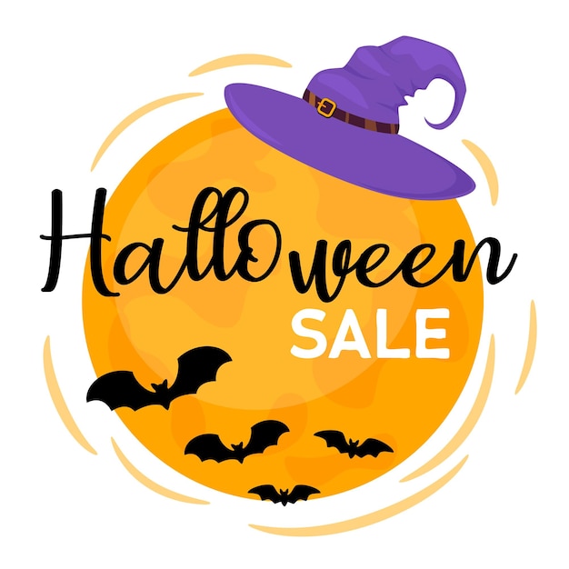 Bannière de vente d'Halloween avec lune et chapeau de sorcière Design pour bannière offre de coupon vente de vacances Illustration vectorielle