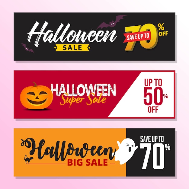 Bannière de vente Halloween avec symboles de vacances citrouille et fantôme