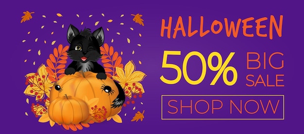 Bannière De Vente Happy Halloween Le Chaton Noir Mignon Est Assis Sur Une Citrouille