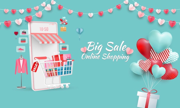 Bannière De Vente Happy Valentine's Day. Boutique En Ligne Avec Mobile