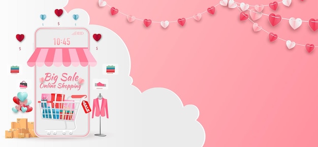 Bannière De Vente Happy Valentine's Day. Boutique En Ligne Avec Mobile