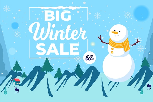 Bannière de vente d'hiver avec illustration vectorielle neige et bonhomme de neige