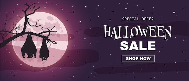 Bannière De Vente Promotionnelle D'halloween, Chauve-souris, Branche, Pleine Lune, Brouillard épais, Nuages. Modèle De Bon, Offres