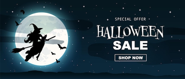 Bannière De Vente Promotionnelle D'halloween. Silhouette D'une Sorcière Volant Sur Un Balai à Travers La Pleine Lune, Chauves-souris