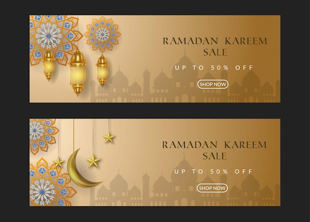 Vecteur bannière de vente ramadan kareem avec lampe dorée et lune