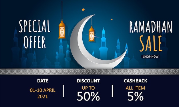 Vecteur bannière de vente ramadan kareem avec lanternes et croissant