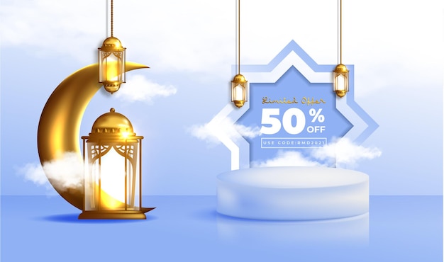 Bannière De Vente Réaliste Ramadan Kareem Avec Podium 3d Et Cadre De Réduction