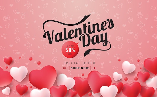 Bannière De Vente Saint Valentin Avec Ballon En Forme De Coeur