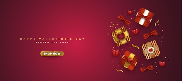 Bannière De Vente De La Saint-valentin Avec Boîte-cadeau Réaliste Et Confettis Or Scintillant