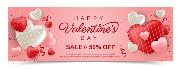 Vecteur bannière de vente saint valentin avec coeur doux. modèle de promotion et d'achat