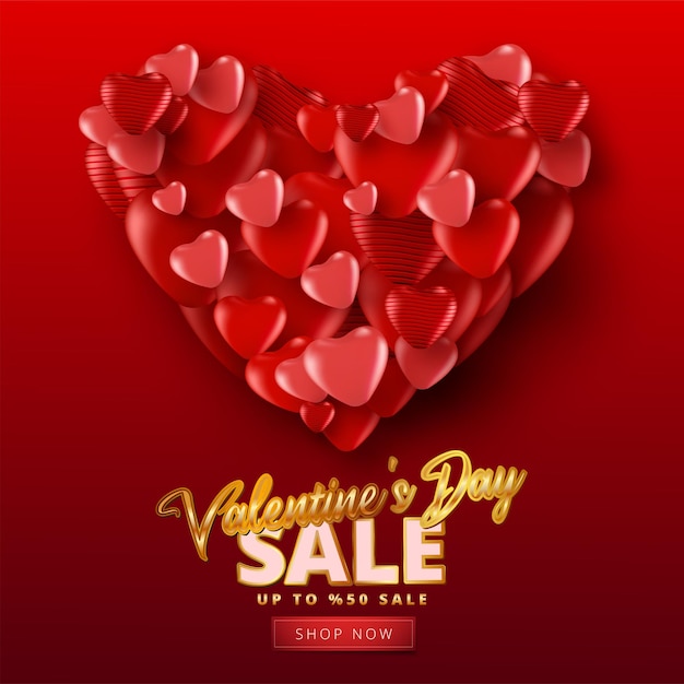 Bannière de vente de la Saint-Valentin avec de nombreux coeurs doux sur fond de couleur rouge. Modèle de promotion et d'achat ou pour l'amour et la Saint-Valentin.