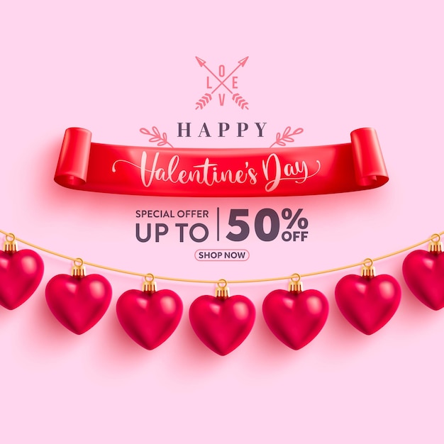 Bannière de vente de la Saint-Valentin avec ornement coeur pour la Saint-Valentin sur fond rose