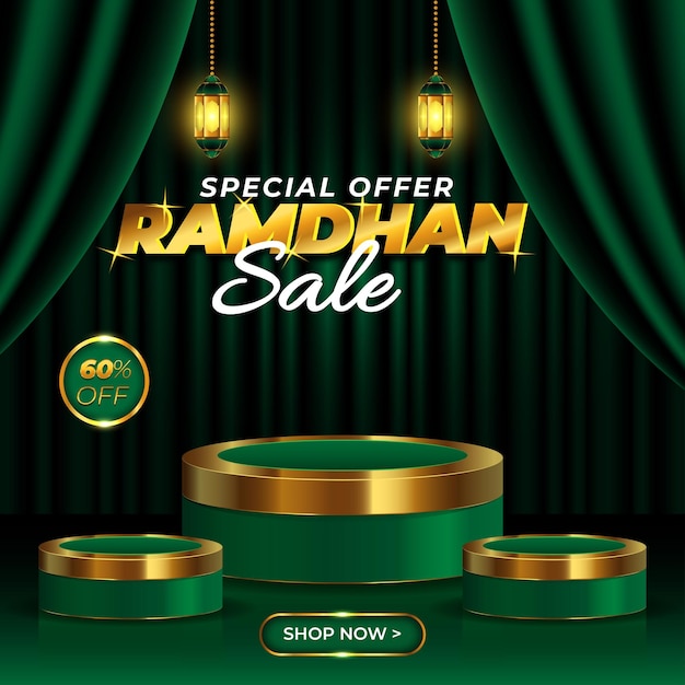 Bannière De Vente Spéciale Ramadan Réaliste Avec Podium Doré Vert Et Cadre De Remise Vecteur Premium