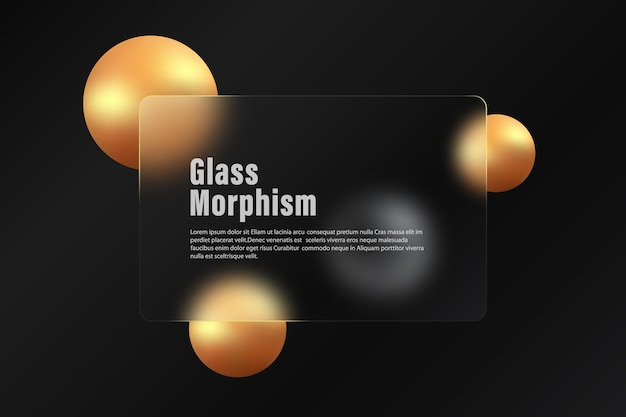 Bannière en verre faite de verre glacé transparent avec des sphères dorées et noires sur un fond noir