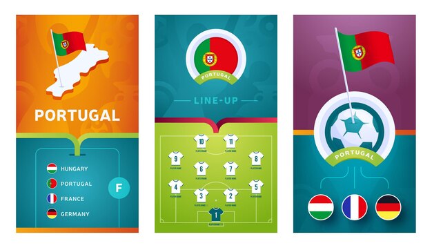 Bannière Verticale De Football Européen De L'équipe Du Portugal Définie Pour Les Médias Sociaux. Bannière De Groupe Portugal Avec Carte Isométrique, Drapeau De Broche, Calendrier Des Matchs Et Line-up Sur Le Terrain De Football