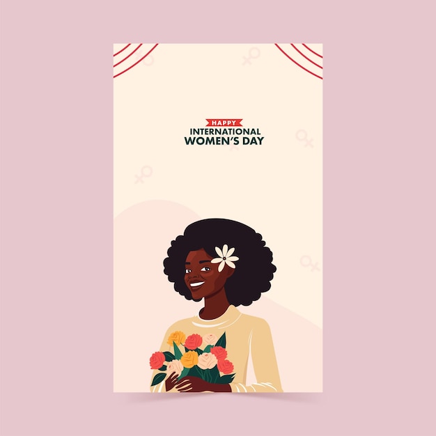 Bannière verticale de la journée internationale de la femme heureuse avec le personnage de la jeune femme africaine tenant le bouquet
