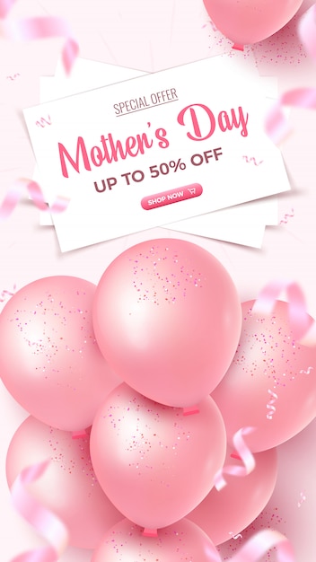 Vecteur bannière verticale de l'offre spéciale de la fête des mères. conception d'affiche de 50% de réduction avec des draps blancs, des tas de ballons roses, des confettis tombant sur fond rose. modèle de fête des mères.