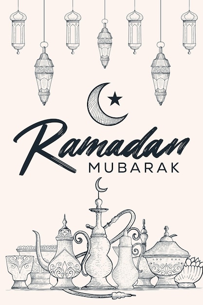bannière verticale ramadan mubarak avec ornement arabe dans un style dessiné à la main