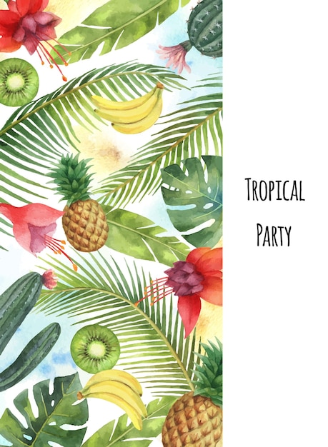 Bannière Verticale De Vecteur Aquarelle Feuilles Tropicales Fruits Et Cactus Isolés Sur Fond Blanc