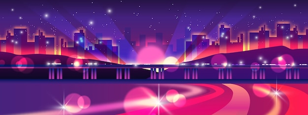 Bannière de la vie nocturne avec autoroute, lumières, monorail, paysage urbain, étoiles.