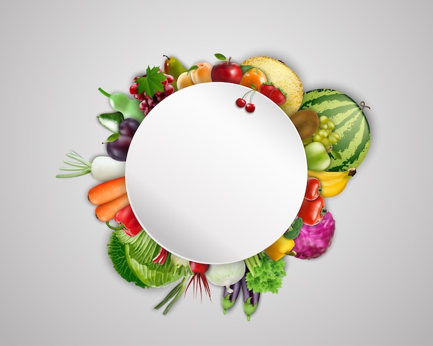 Bannière vierge ronde sur fond de fruits et légumes
