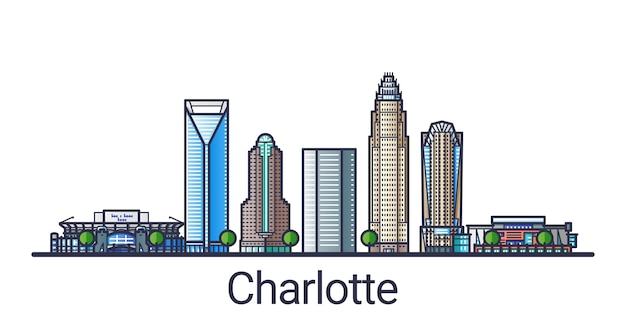 Bannière de la ville de Charlotte dans un style branché de ligne plate. Dessin au trait de la ville de Charlotte. Tous les bâtiments séparés et personnalisables.