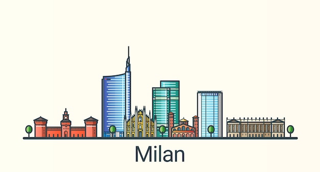 Bannière de la ville de Milan dans un style branché de ligne plate. Tous les bâtiments séparés et personnalisables. Dessin au trait.