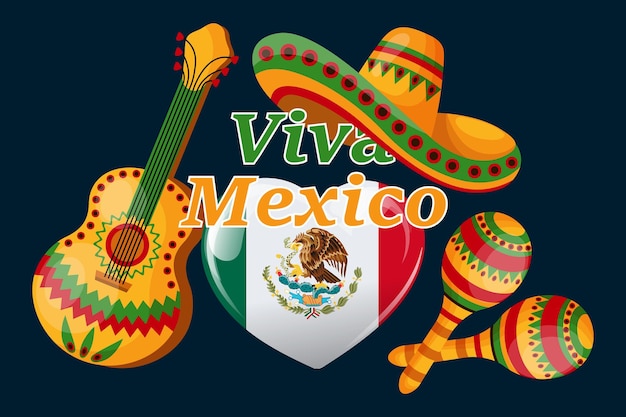 Bannière Viva Mexico Drapeau Mexique En Forme De Coeur Maracas Sombrero Et Guitare Sur Fond Sombre