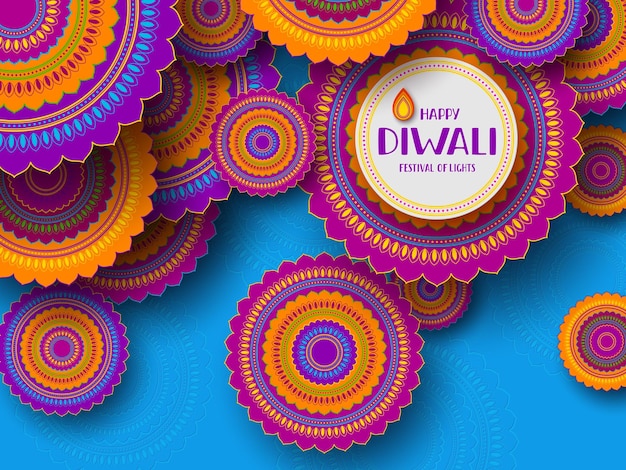 Bannière de voeux Diwali avec papier 3D coupé indien rangoli Festival des lumières design bleu couleurs vives texte de voeux écrit à la main illustration vectorielle