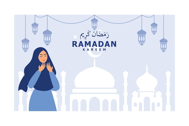 bannière de voeux joyeux ramadan eid avec prière femme porter le hijab