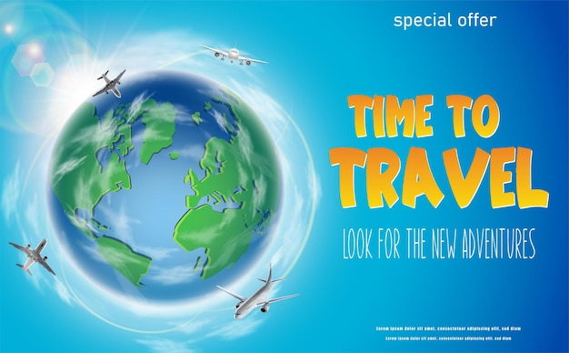 Vecteur bannière de voyage avec globe vert et avions volants autour de l'orientation horizontale