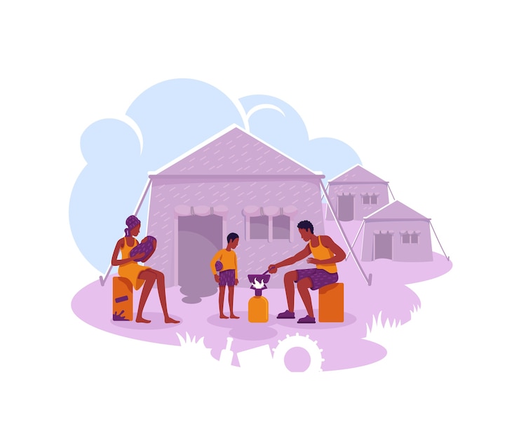 Vecteur bannière web 2d du camp de réfugiés, affiche. personnages plats de règlement temporaire de migrants illégaux sur fond de dessin animé. famille d'immigrants dans le patch imprimable de tentes, élément web coloré