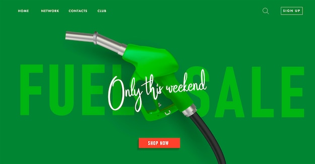 Bannière Web avec buse de carburant ou de gaz verte sur fond vert avec grande typographie et boutique