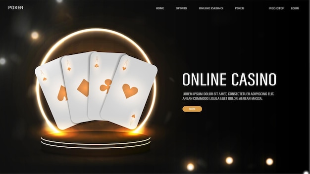 Une bannière Web avec des cartes de poker blanches et dorées Une arche lumineuse au néon sur le podium Une affiche pour un casino