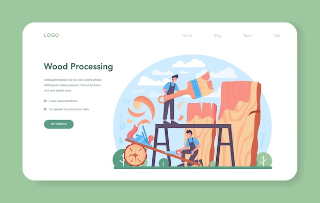 Vecteur bannière web de charpentier ou page de destination ébéniste traitant le bloc de bois