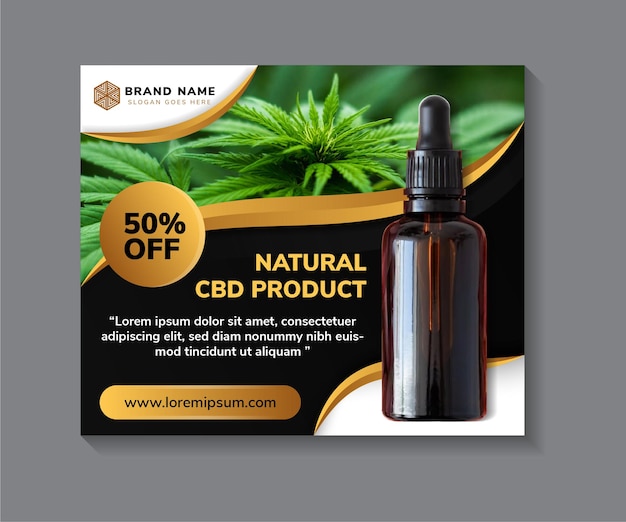 Vecteur une bannière web horizontale. produit natura cbd, huile de chanvre. fond noir