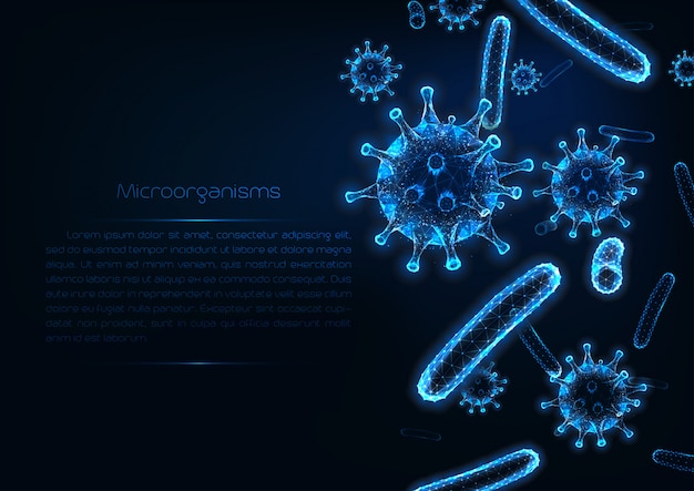 Bannière Web d'immunologie futuriste avec des cellules de virus et de bactéries polygonales rougeoyantes.