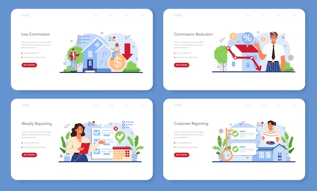 Bannière Web De L'industrie Immobilière Ou Ensemble De Pages De Destination. Faible Commission Pour Le Travail D'agent Immobilier. Service D'agent Ou De Courtier Immobilier Qualifié. Programme De Fidélisation Client. Illustration Vectorielle Plane
