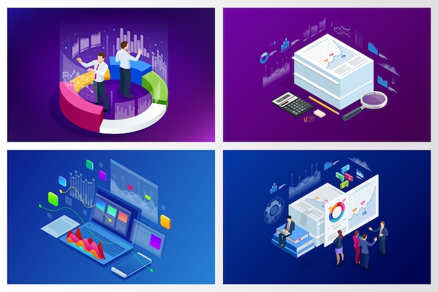 Bannière web isométrique Concept d'analyse de données et de statistiques. Analyse commerciale d'illustration vectorielle, visualisation de données. Technologie, Internet et concept de réseau. Données et investissements.