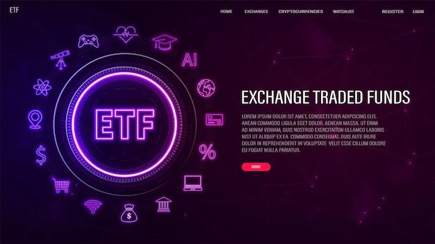 Vecteur une bannière web avec le logo des fonds échangeables etf dans un cadre au néon sur un fond bleu et violet le concept du marché boursier