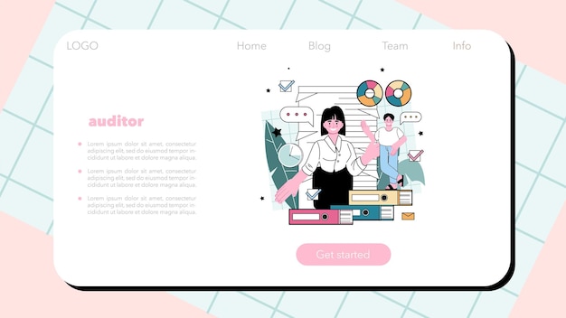 Vecteur bannière web ou page de destination de l'auditeur spécialiste des opérations commerciales