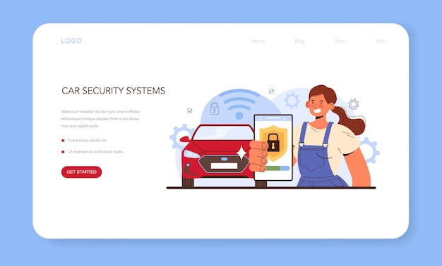 Bannière Web Ou Page De Destination Du Service De Réparation Automobile. Les Systèmes De Sécurité Automobile Ont été Réparés Dans Un Atelier Automobile. Un Mécanicien En Uniforme Vérifie Un équipement De Sécurité De Véhicule Le Répare. Illustration Vectorielle Plane.