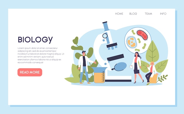 Vecteur bannière web ou page de destination de la science de la biologie. les personnes au microscope font des analyses de laboratoire. idée d'éducation et d'expérimentation.