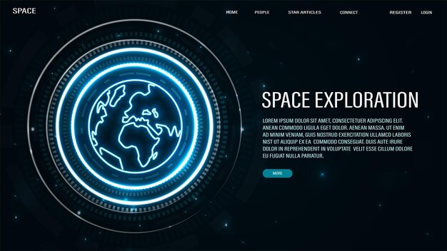 Une bannière web avec une planète halogène au néon lumineux dans un cadre lumineux sur un fond bleu foncé avec le texte Un concept pour la cosmonautique l'intelligence artificielle la technologie la science et l'espace