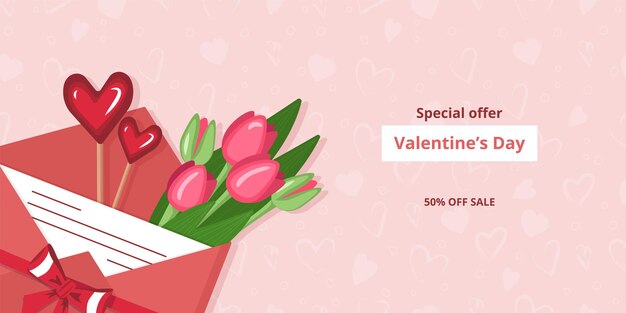 Bannière Web De La Saint-valentin Pour Les Offres Spéciales Remises Sur Les Ventes Vector Illustration Plat Romantique Backgr...