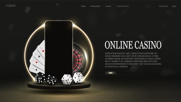 Vecteur une bannière web avec un smartphone roulette cartes jetons et dés pour le poker en or et noir sur un podium 3d avec un cadre au néon un concept pour un casino