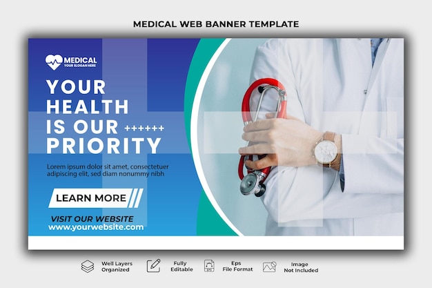 Bannière web de soins de santé médicaux et modèle de vignette youtube.