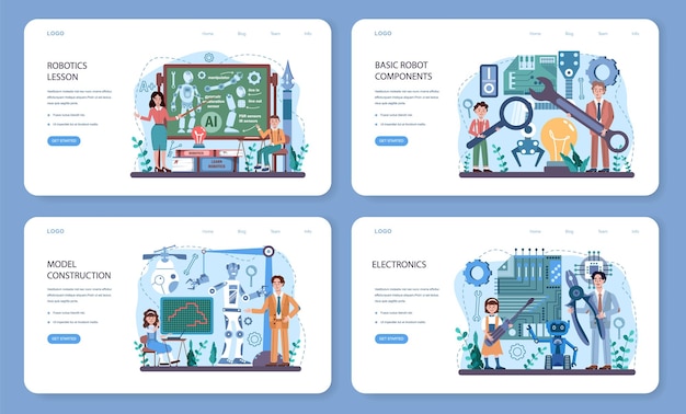 Bannière Web De Sujet D'école De Robotique Ou Ensemble De Pages De Destination. Les étudiants Apprennent La Construction, L'ingénierie Et La Programmation De Composants De Robots. Idée D'intelligence Artificielle. Illustration Vectorielle Plane