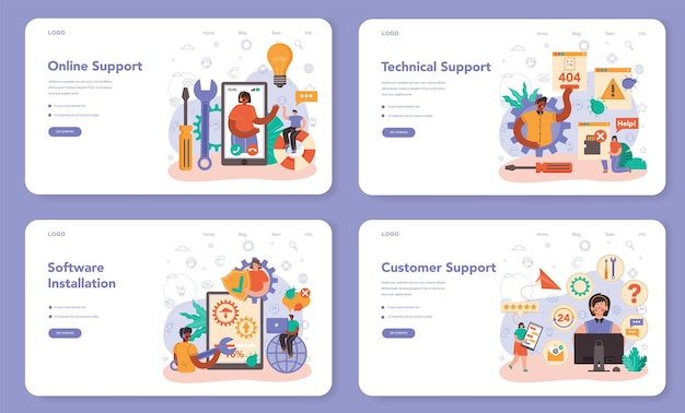 Bannière Web De Support Technique Ou Ensemble De Pages De Destination. Le Consultant Aide Un Client à Résoudre Des Problèmes Techniques, En Lui Fournissant Des Informations Sur Les Paramètres. Dépannage. Illustration Vectorielle Plane
