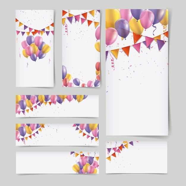Vecteur bannières d'anniversaire de différentes tailles cartes de voeux avec typographie joyeux anniversaire.confettis colorés